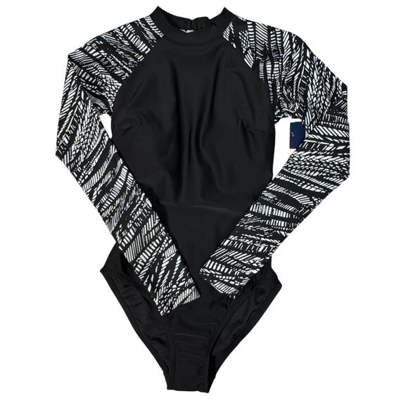 Reebok Small Swimsuit One-Piece Long Sleeves Padded High-Neck Lined Black New - Picture 3 of 10